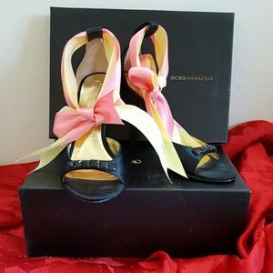 BCBG Max Azria Black Satin Colorful Ribbon Heels